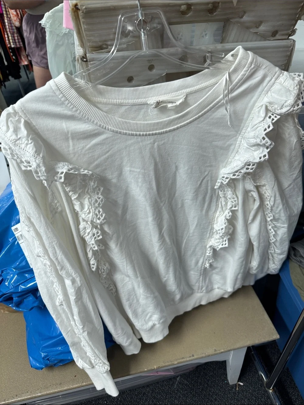 Anthropologie ruffle eyelet sweatshirt M // 082608